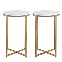 two white marble side tables with gold metal legs and one has a small round top