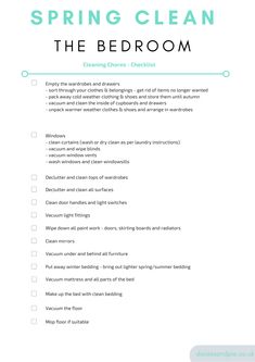 a cleaning checklist with the words spring clean and the bed room written in it