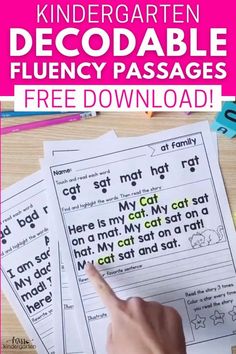 two children's hand pointing at the top of three printables with text that reads