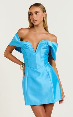 Jayce Mini Dress - Plunge Neck Off Shoulder Tulip Dress in Blue | Showpo USA Summer Off Shoulder Dress With Sweetheart Neckline For Gala, Summer Gala Off Shoulder Dress With Sweetheart Neckline, Spring Gala Off Shoulder Dress With Sweetheart Neckline, Fitted Blue Off Shoulder Dress For Gala, Fitted Blue Off-shoulder Dress For Gala, Blue Strapless Off Shoulder Dress For Night Out, Blue Fitted Off-shoulder Dress For Night Out, Blue Off Shoulder Mini Dress For Party, Blue Fitted Off Shoulder Dress For Party