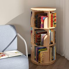 a book shelf sitting next to a blue chair in a room with white walls and wooden floors