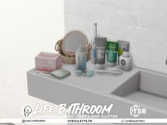 a bathroom sink filled with personal care items