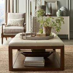 a living room with two chairs and a coffee table in front of a window filled with potted plants