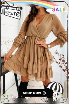 Long Sleeve V-neck Ruffle Chiffon Dress Chiffon Ruffle Dress, Line Dresses, A Line Dresses, Chiffon Ruffle, Fashion Elegant, Neck Ruffle, Elegant Fashion, Chiffon Dress, Online Clothing