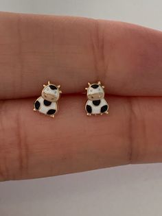 14K Gold Dairy Cow Stud Earrings | Farm Animal Stud Earrings | Whimsical Studs | Little Girl Studs  ♦ Materials: 14K Solid Gold, Enamel ♦ Available colors: Yellow Gold ♦ Closure: 14K Gold Screw Backs ♦ Earrings Measurements: 8MM Height by 5MM Width -------------------------------------------------------------------------------------------------- MATERIALS 14K Gold PRODUCTION TIMES Order processing time varies between 1-2 business days, we work on our pieces daily All orders placed on Sunday, or Adjustable Animal Design Earrings As Gift, Animal Design Dangle Earrings As Gift, Animal Design Dangle Jewelry Gift, Animal Design Jewelry Gift, Tiny White Round Earrings, Cow Earrings, Earring Styles, Girl Earrings, Dairy Cow