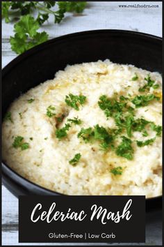 a bowl filled with mashed potatoes and parsley