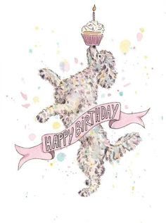 a happy birthday card with a poodle holding a cupcake on it's head