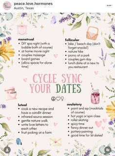 Cycle sync your romantic dates to align with your ovulatory/menstrual cycle. 💕 #hormonebalancing #fertilityjourney Skincare Cycle Syncing, Cycle Sync Workout Plan, Cycle Syncing Skincare, Female Hormone Cycle, Menstrual Cycle Phases Explained, Fun Self Care Ideas, Cycle Syncing Skin Care, Ovulation Week, Cycle Synching