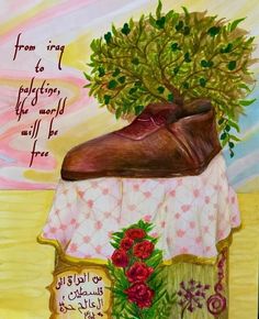 a painting of a pair of shoes with a tree growing out of the shoe on top