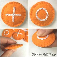 four pictures showing how to make an ornament out of felt and yarn with the letter o on it