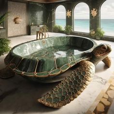 a large turtle shaped bathtub in the middle of a room with an ocean view