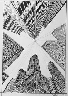 a drawing of skyscrapers in the middle of a city with lines going through them