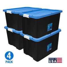 three black and blue storage containers with white handles on each side, 4 packs per pack