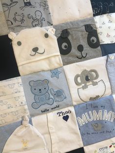 several baby blankets with different designs and animals on them, all in various shapes and sizes