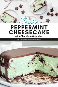 a chocolate and mint cheesecake on a white plate with the text festive peppermint cheesecake