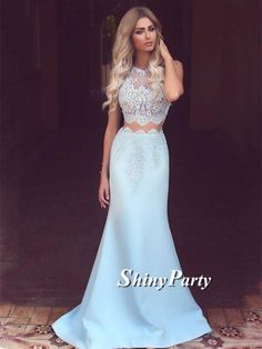 Custom Made 2 Pieces Light Blue Lace Mermaid Prom Dresses, 2 Pieces La – Shiny Party Blue Satin Prom Dress, Lace Evening Dress Long, Two Piece Evening Dresses, Lace Prom Gown, Prom Dress Black, 2 Piece Prom Dress, Light Blue Prom Dress, Evening Dress Long, Mermaid Prom Dresses Lace