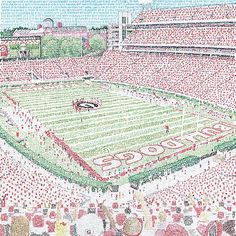 a drawing of a football stadium filled with lots of red and white people in the stands