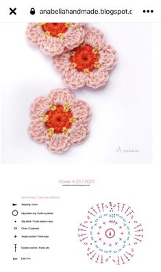 two crocheted flowers on top of each other in pink and orange, with the words