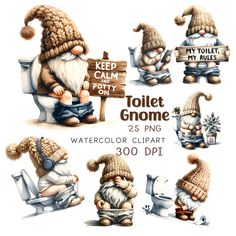 the gnomes are sitting on the toilet with their hats and boots in different poses