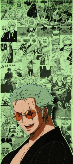 an anime character with green hair and glasses in front of a wall full of comics