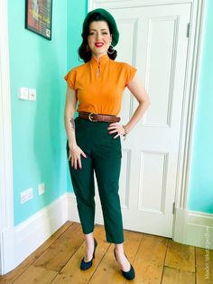 Mandarin Top Tangerine from Vivien of Holloway Retro Fall Workwear Tops, Retro Short Sleeve Tops For Workwear, Fitted Retro Blouse For Day Out, Retro Relaxed Fit Tops For Workwear, Retro Green Top For Daywear, Vintage Relaxed Fit Tops For Workwear, Skirt Evening Outfit, Tan Leather Belt, Yellow Gifts