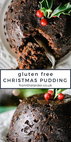 gluten free christmas pudding on a plate with holly sprigs and red berries