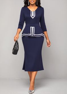 Navy Striped V Neck Bodycon Dress Gray Church Dress, V Neck Bodycon Dress, Church Dresses For Women, Elegant Dresses Plus Size, French Clothing, Latest Dress For Women, Church Fashion, Striped Bodycon Dress, Church Suits