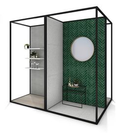 a green and white room with a round mirror on the wall next to a shelf