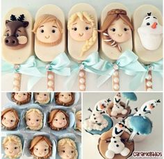 there are many pictures of cakes and cupcakes with frosting on them that look like frozen princesses