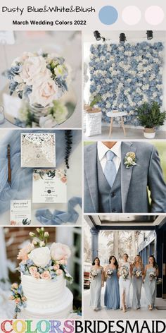 blue and white wedding color palettes for the bride's dress, tuxedo suit