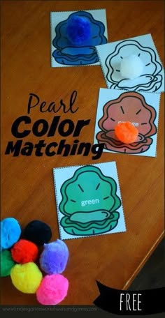 some colorful paper and pom poms on a table with the words, pearl color matching