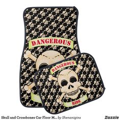 two skull and crossbones floor mats with the words dangerous on them, one is black