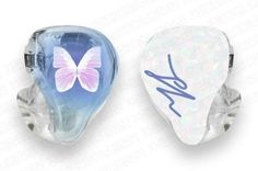 two pieces of glass with a butterfly on the front and back of each piece, one is