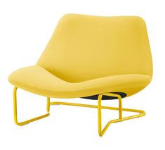 a yellow chair with metal legs and a black seat pad on the bottom, sitting in front of a white background