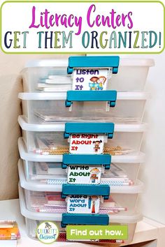 a stack of plastic bins with the words library centers get them organized on it