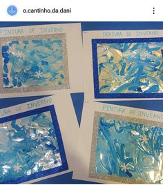 three pictures of blue and gold paint on white paper with words written in spanish above them