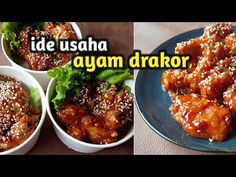 two pictures of food in different bowls and one with the words, ide usaha ayem drakor