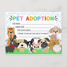 a pet adoption card with dogs on it