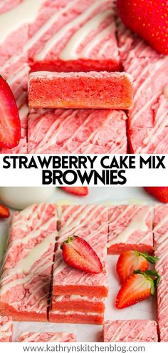 strawberry cake mix is cut into squares and served on a plate with strawberries in the background