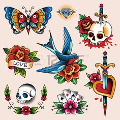 various tattoos with flowers and skulls on the side, including a bird, skull, cross,