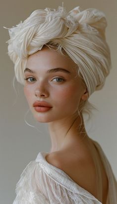 a woman with white hair and blue eyes wearing a turban headdress