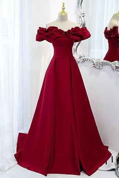 MARSEN Off The Shoulder Satin Prom Dresses A Line Wedding Ball Gown Ruched Fommal Evening Gown with Train for Women A Line Prom Dress, Prom Dress Evening, Red Prom, Popular Dresses, A Line Prom Dresses, Long A, Evening Dresses Elegant, Dress Satin