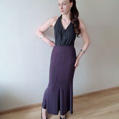 Vintage, assumingly 80s or 90s monochrome deep purple long skirt in good condition. Mermaid cut. Fitted on waist and hips, flowy ruffled bottom part.  Zips up from the side  Lightweight fabric, requires minimal ironing. Soft and comfortable on skin. Non see through, has a soft lining. Matte finish. 100% polyester Size on tag 36-38 (S-M) Measurements laid flat- Lenght 95 cm/ 37.4'' Waist 35 cm/ 13.7'' Hips 45 cm/ 17.7'' My height is 170 cm / 5"7 Purple Long Skirt, Mermaid Maxi Skirt, Maxi Rock, Deep Purple, Long Skirt, Favorite Outfit, Maxi Skirt, Violet, Zip Ups