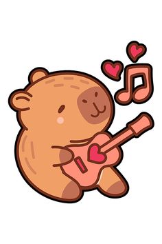 a teddy bear playing the guitar with music notes