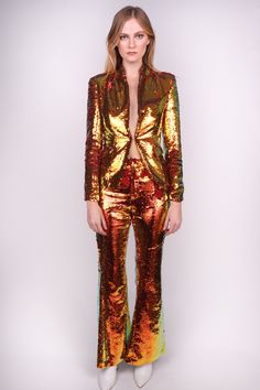 Any Old Iron Fire Suit Fitted suit with pockets in jacket Fitted Flare Pants Satin Lined Fuego! Fire Themed Outfits, Fire Inspired Outfits, Flame Costume, Copper Suit, Fitted Flare Pants, Crazy Suits, Disco Suit, Fire Fashion, Prom Vintage