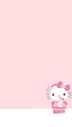 a hello kitty wallpaper in pink with an image of a cat holding a cup