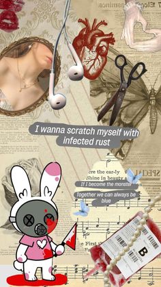 a collage of images with words and pictures on them, including an image of a rabbit holding a heart