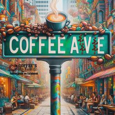 a painting of a street sign with coffee on it and people sitting at tables in the background