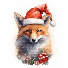 a painting of a fox wearing a santa hat