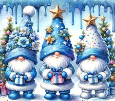 three christmas gnomes with presents in front of snow covered trees and dripping paint on the wall